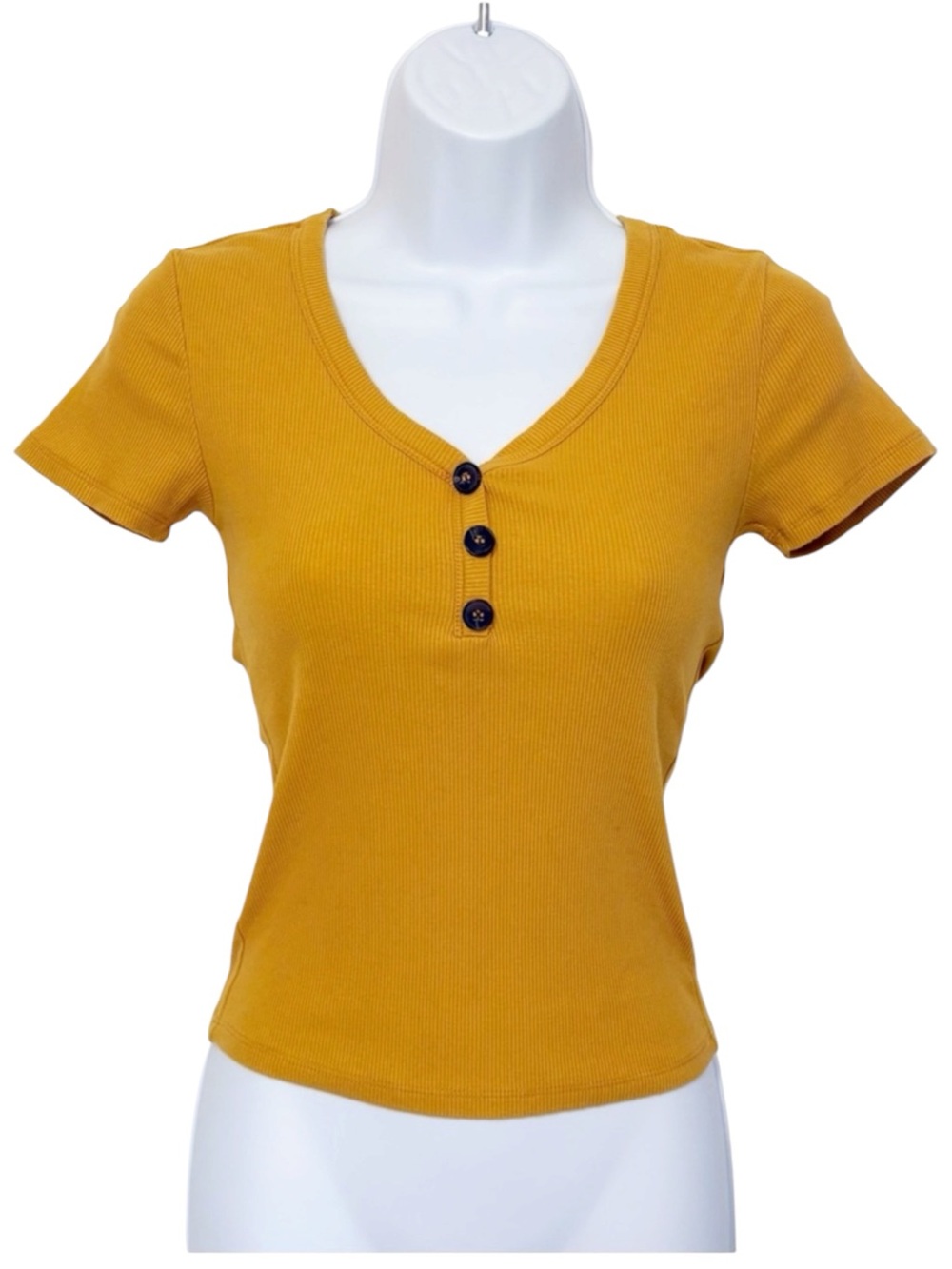 Active USA Ribbed Henley Top Small Mustard Yellow Fitted Stretch Baby Tee Y2K